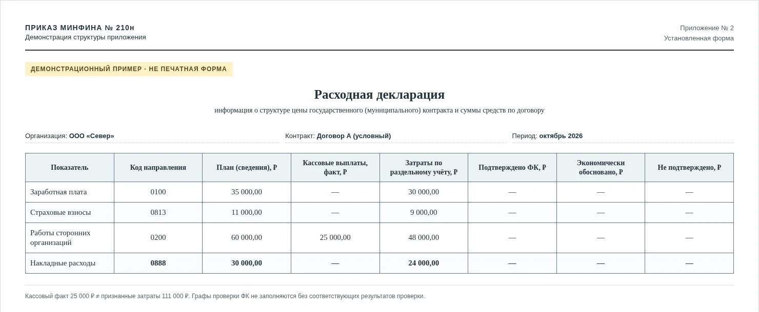 Демонстрационный пример формы «Расходная декларация» (приложение № 2 к приказу 210н)